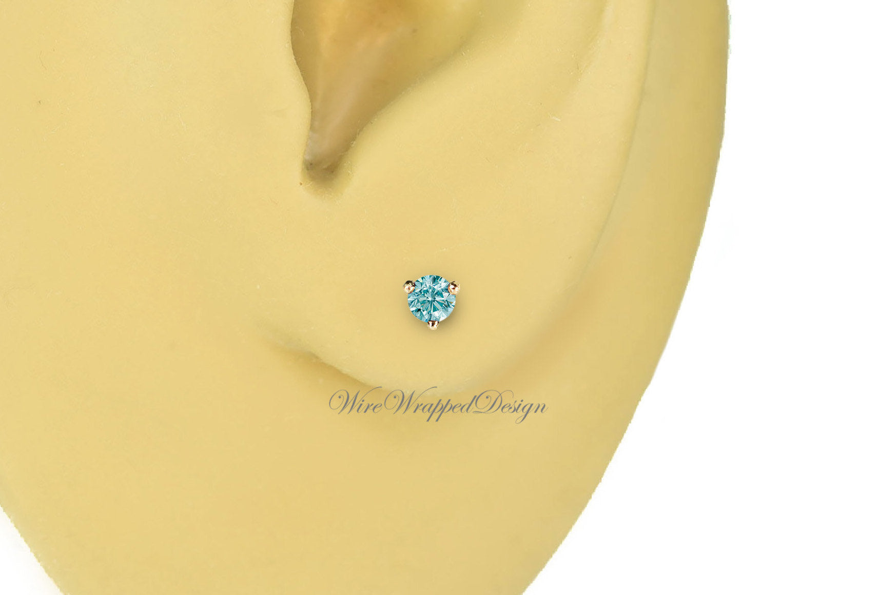 PAIR Genuine Aqua BLUE DIAMOND Earrings Studs 2.5mm 0.12tcw Martini 14k Solid Gold (Yellow, Rose, White) Platinum Silver Cartilage Helix