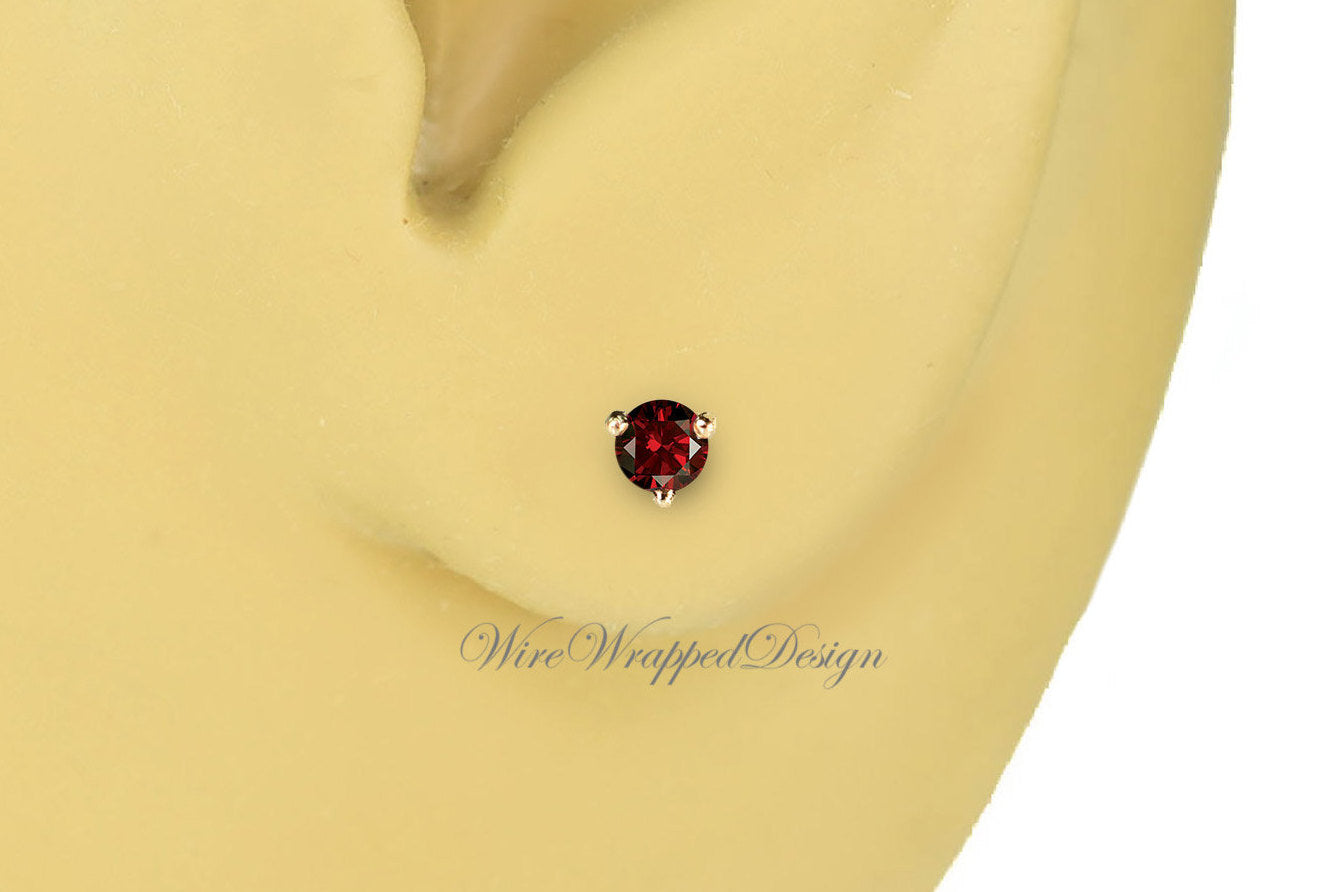 PAIR Genuine RED DIAMOND Earrings Studs 2.5mm 0.12tcw Martini 14k Solid Gold (Yellow, Rose or White) Platinum, Silver Cartilage Helix Tragus