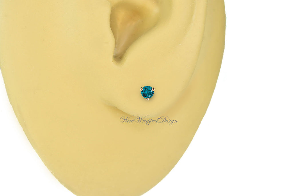 PAIR Genuine Teal BLUE DIAMOND Earrings Studs 2.5mm 0.12tcw Martini 14k Solid Gold (Yellow, Rose, White) Platinum Silver Cartilage Helix