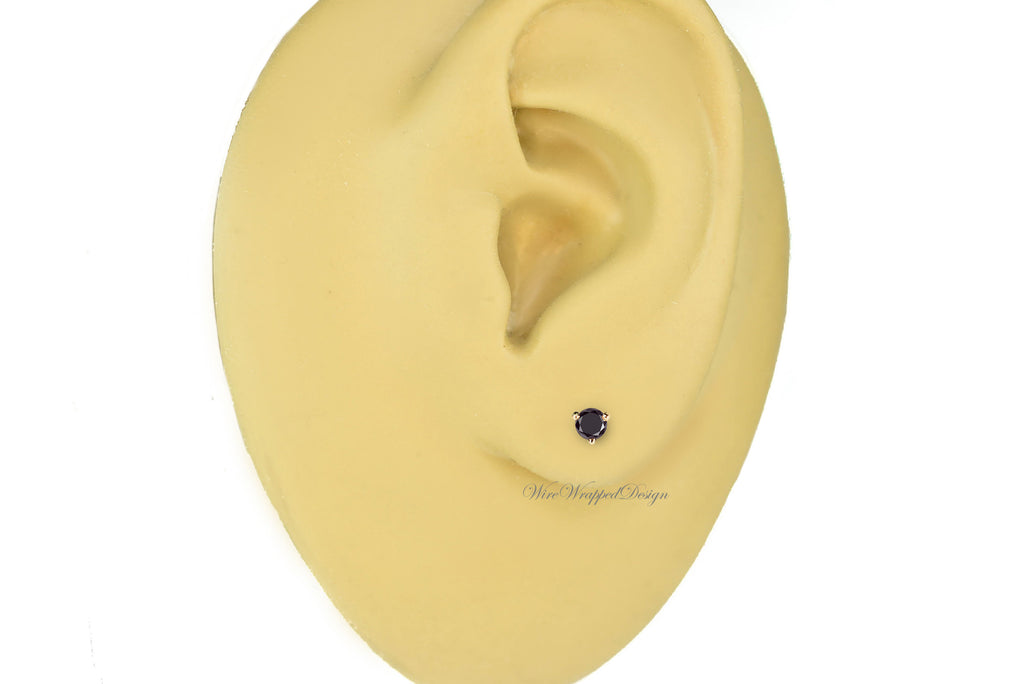 PAIR Genuine BLACK DIAMOND Earrings Studs 2.5mm 0.14tcw Martini 14k Solid Gold (Yellow, Rose or White) Platinum, Silver Cartilage Helix