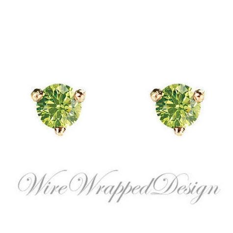 PAIR Genuine GREEN DIAMOND Earrings Studs 3mm 0.2tcw Martini 14k Solid Gold (Yellow, Rose or White), Platinum, Silver Cartilage Helix Tragus