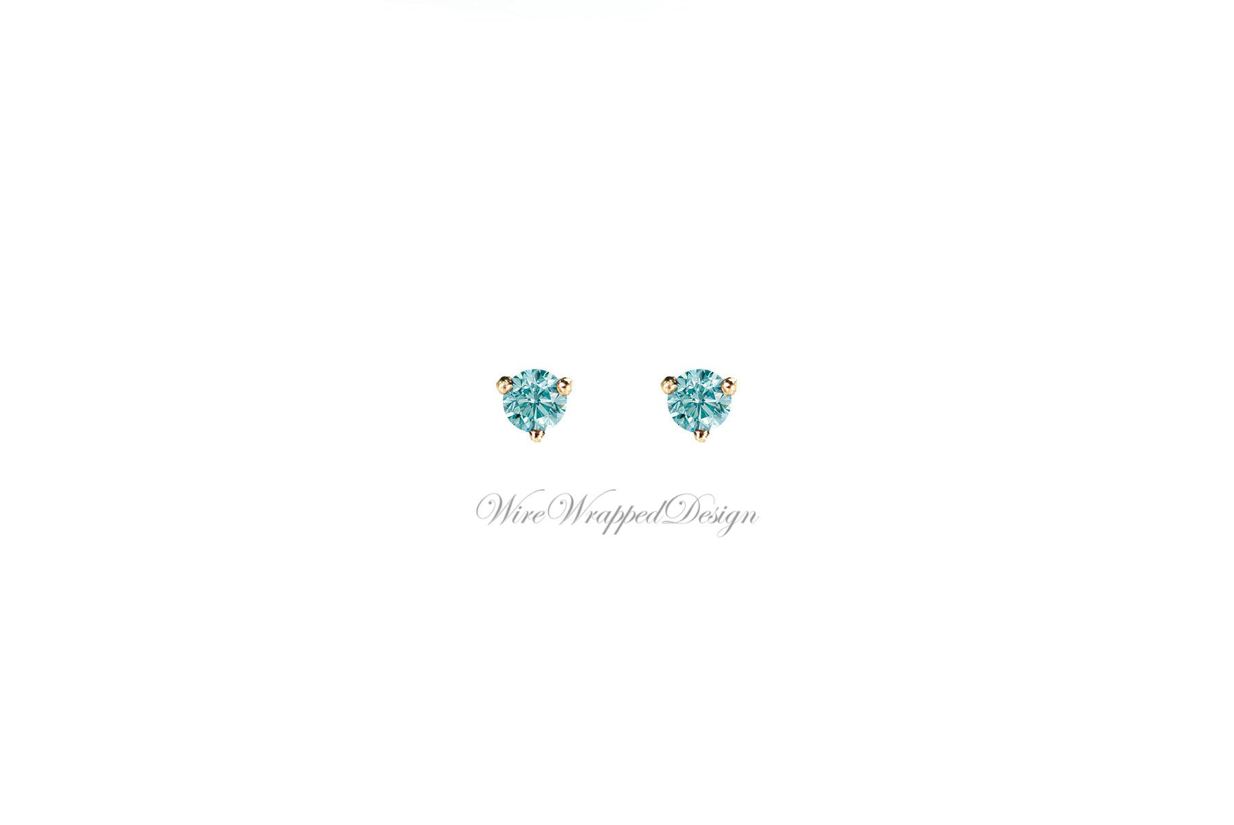 PAIR Genuine Aqua BLUE DIAMOND Earrings Studs 3mm 0.2tcw Martini 14k Solid Gold (Yellow, Rose, White) Platinum Silver Cartilage Helix Tragus