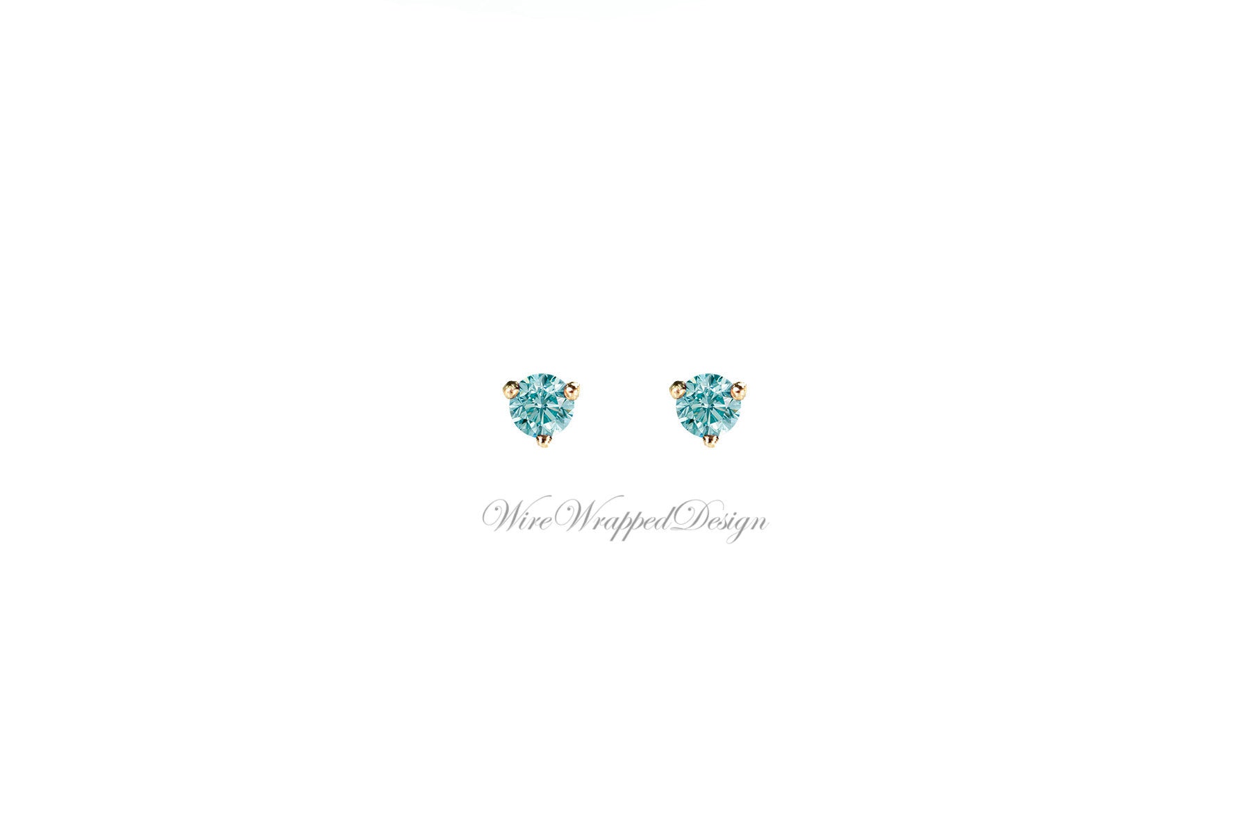 PAIR Genuine Aqua BLUE DIAMOND Earrings Studs 2.5mm 0.12tcw Martini 14k Solid Gold (Yellow, Rose, White) Platinum Silver Cartilage Helix