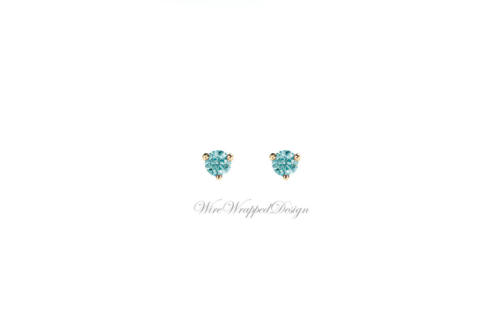 PAIR Genuine Aqua BLUE DIAMOND Earrings Studs 2.5mm 0.12tcw Martini 14k Solid Gold (Yellow, Rose, White) Platinum Silver Cartilage Helix