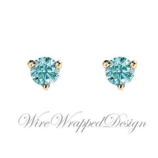 PAIR Genuine Aqua BLUE DIAMOND Earrings Studs 3mm 0.2tcw Martini 14k Solid Gold (Yellow, Rose, White) Platinum Silver Cartilage Helix Tragus