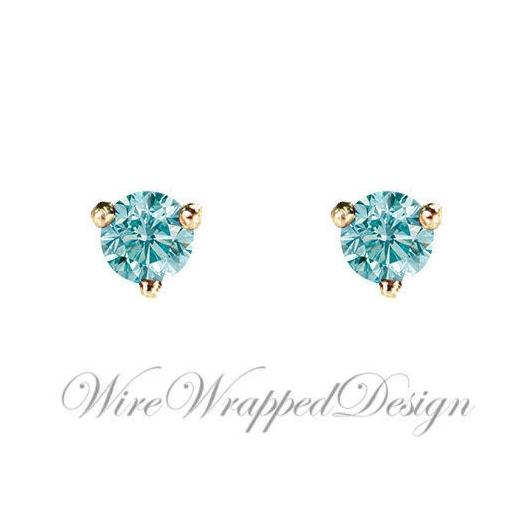 PAIR Genuine Aqua BLUE DIAMOND Earrings Studs 2.5mm 0.12tcw Martini 14k Solid Gold (Yellow, Rose, White) Platinum Silver Cartilage Helix