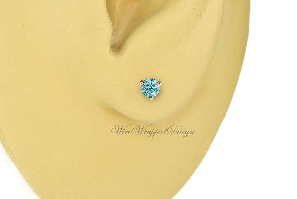 PAIR Genuine Aqua BLUE DIAMOND Earrings Studs 3mm 0.2tcw Martini 14k Solid Gold (Yellow, Rose, White) Platinum Silver Cartilage Helix Tragus