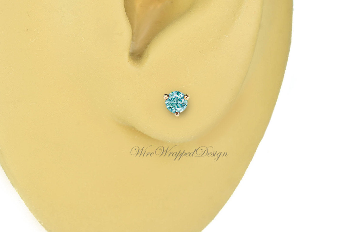 PAIR Genuine Aqua BLUE DIAMOND Earrings Studs 3mm 0.2tcw Martini 14k Solid Gold (Yellow, Rose, White) Platinum Silver Cartilage Helix Tragus