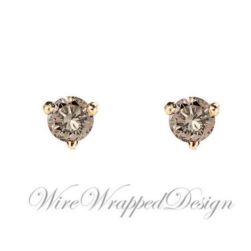 PAIR Genuine CHAMPAGNE DIAMOND Earrings Studs 3mm 0.2tcw Martini 14k Solid Gold (Yellow, Rose, White) Platinum Silver Cartilage Tragus Brown