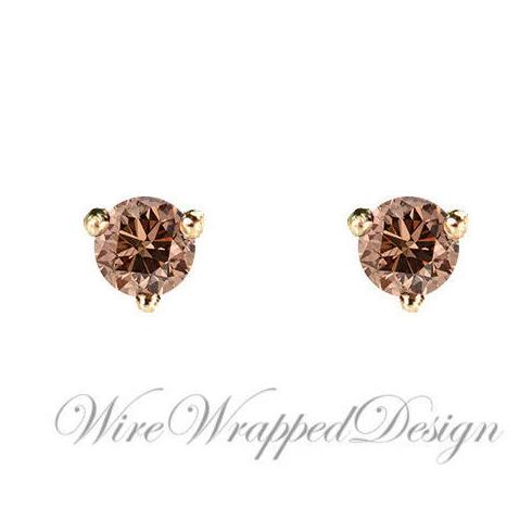 PAIR Genuine COGNAC DIAMOND Earrings Studs 3mm 0.2tcw Martini 14k Solid Gold (Yellow, Rose, White) Platinum Silver Cartilage Tragus Brown