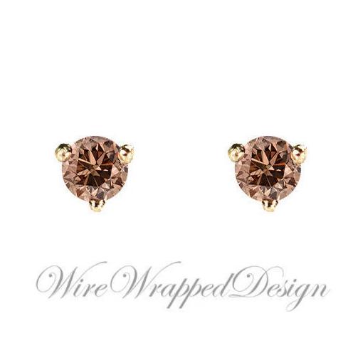 PAIR Genuine COGNAC DIAMOND Earrings Studs 2.5mm 0.12tcw Martini 14k Solid Gold (Yellow, Rose, White) Platinum Silver Cartilage Tragus Brown