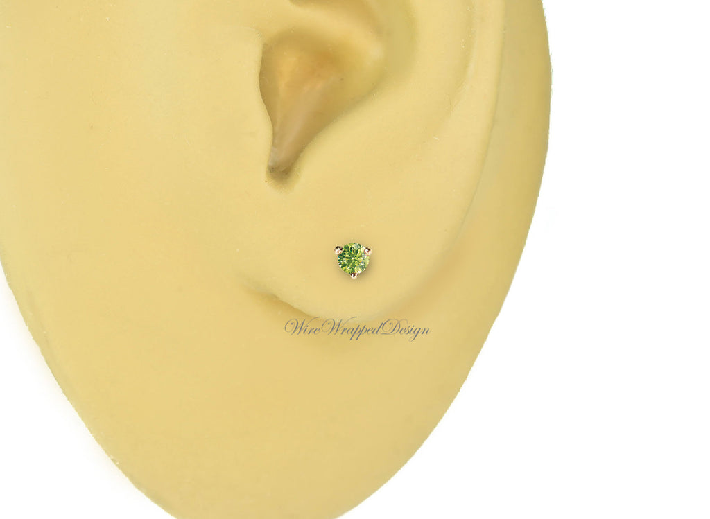 PAIR Genuine GREEN DIAMOND Earrings Studs 2.5mm 0.12tcw Martini 14k Solid Gold (Yellow, Rose, White) Platinum, Silver Cartilage Helix Tragus
