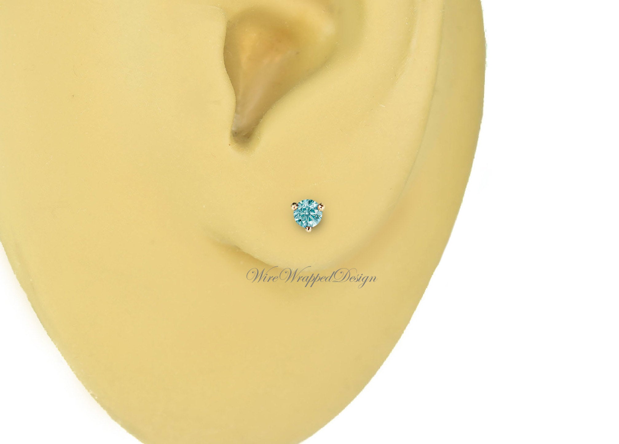 PAIR Genuine Aqua BLUE DIAMOND Earrings Studs 2.5mm 0.12tcw Martini 14k Solid Gold (Yellow, Rose, White) Platinum Silver Cartilage Helix