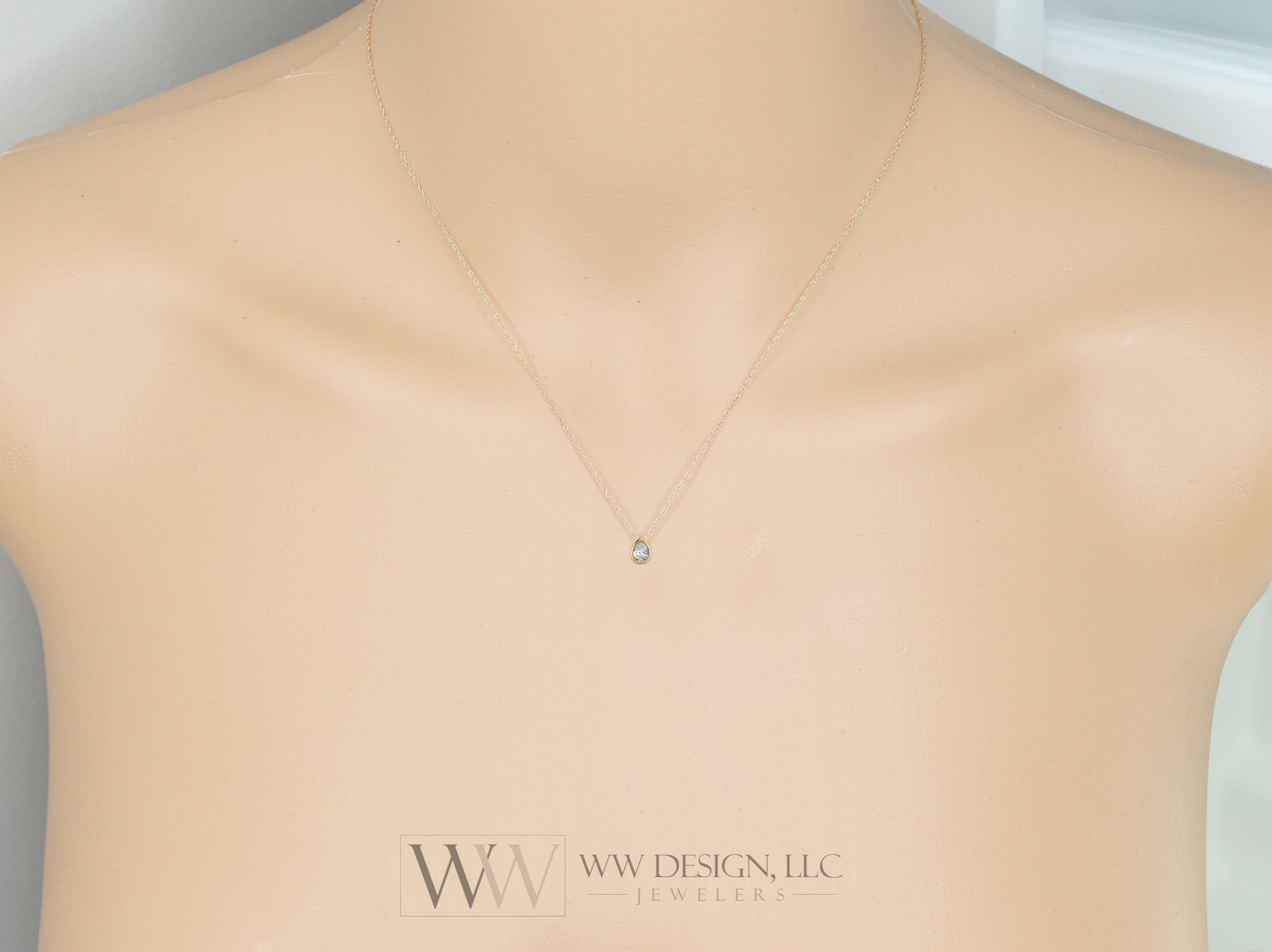 Diamond Necklace - Genuine Real Pear Diamond Slide Necklace - Customize- 14k Solid Gold Y, W, R-  Drop 5x3mm Dainty Tiny 0.2 TCW VS GHI