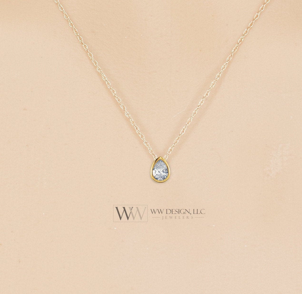 Diamond Necklace - Genuine Real Pear Diamond Slide Necklace - Customize- 14k Solid Gold Y, W, R-  Drop 5x3mm Dainty Tiny 0.2 TCW VS GHI