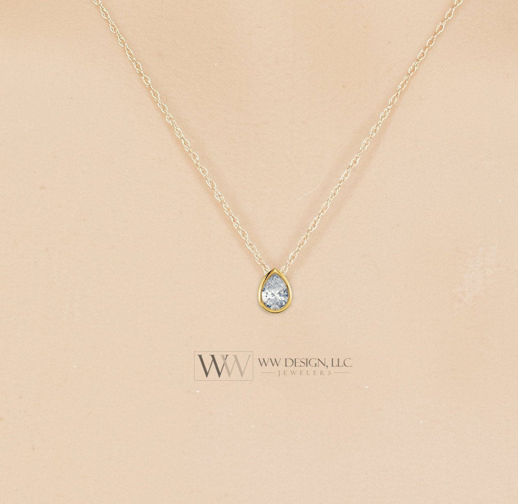 Diamond Necklace - Genuine Real Pear Diamond Slide Necklace - Customize- 14k Solid Gold Y, W, R-  Drop 5x3mm Dainty Tiny 0.2 TCW VS GHI