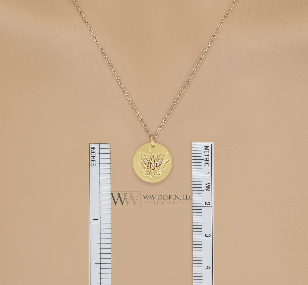 Diamond Lotus Necklace - 14k SOLID Gold (Y, W, R), Platinum, Sterling Silver 13mmX13mm Tag Pendant Jewelry Christmas Gift Birthday Buddhist