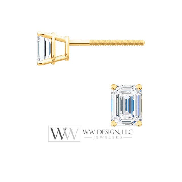 DIAMOND Earring Studs Emerald Cut 3.75 x 2.75mm 0.4 ctw (2x 0.2cts) Genuine GHI VS Post w 14k Solid Gold (Yellow Rose White) Silver Platinum