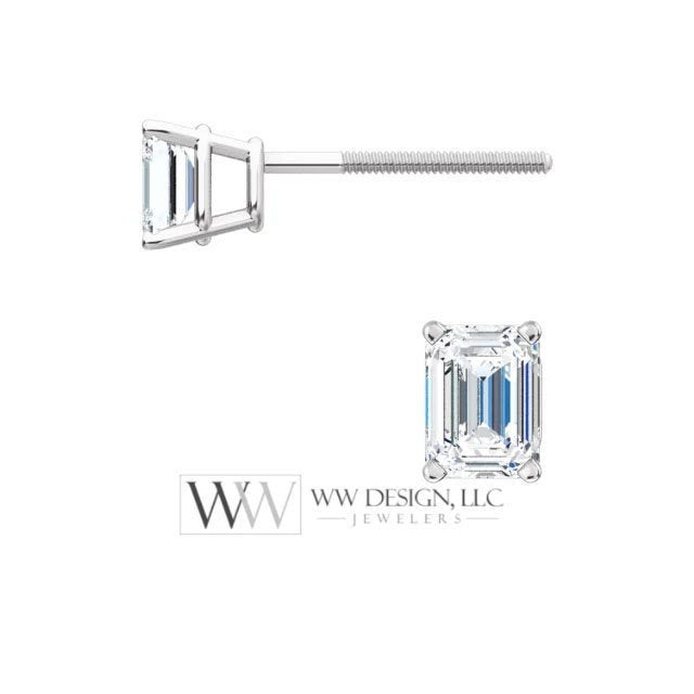 DIAMOND Earring Studs Emerald Cut 4 x 3mm 0.5 ctw (each 0.25cts) Genuine GHI VS Post w 14k Solid Gold (Yellow Rose White) Silver Platinum