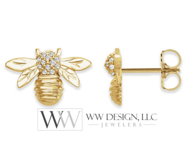 Bumble Bee Diamond 0.06 ctw Stud Earrings - 14k Solid Gold, 14k Rose Gold, 14k White Gold Christmas 12.2mm x 8.4mm Honey Bee Diamond Studs