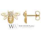 Bumble Bee Diamond 0.06 ctw Stud Earrings - 14k Solid Gold, 14k Rose Gold, 14k White Gold Christmas 12.2mm x 8.4mm Honey Bee Diamond Studs