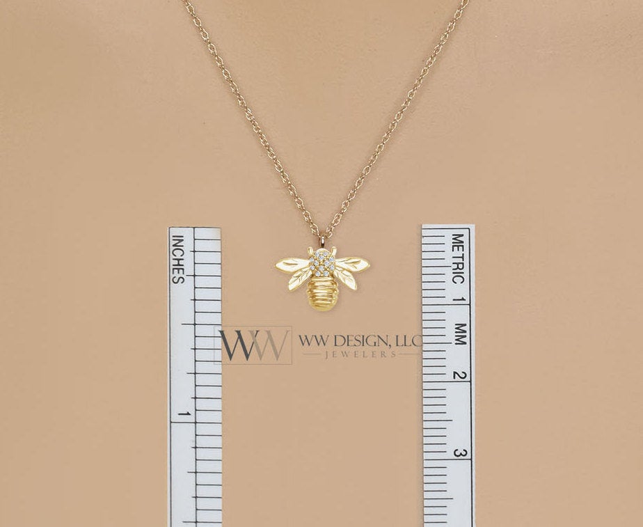 Bumble Bee Diamond 0.03 ctw Pendant Necklace 14k Solid Gold, 14k Rose Gold, 14k White Gold Christmas 12.2mm x 8.4mm Honey Bee Diamond charm