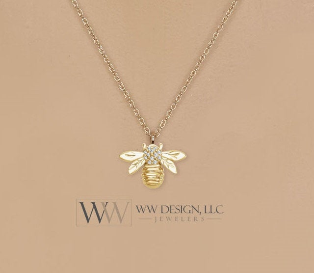 Bumble Bee Diamond 0.03 ctw Pendant Necklace 14k Solid Gold, 14k Rose Gold, 14k White Gold Christmas 12.2mm x 8.4mm Honey Bee Diamond charm