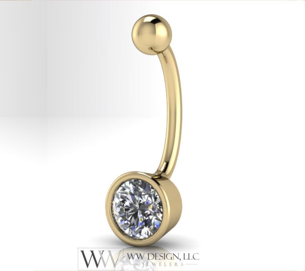 Moissanite Genuine 6mm Belly Navel Ring Curved Barbell 14k Yellow Gold, 14k White Gold or Platinum 14 ga 16 ga Gift