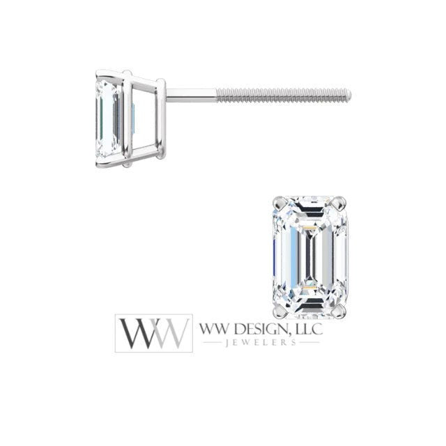 DIAMOND Earring Studs Emerald Cut 4.5 x 3mm 0.66 ctw (each 0.33cts) Genuine GHI VS Post w 14k Solid Gold (Yellow Rose White) Silver Platinum