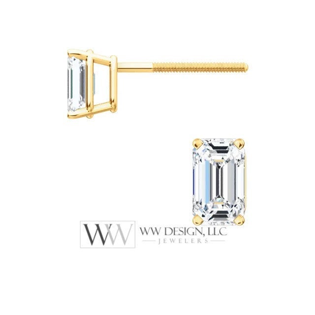 DIAMOND Earring Studs Emerald Cut 5 x 3.5mm 0.72 ctw (each 0.37cts) Genuine GHI VS Post w 14k Solid Gold (Yellow Rose White) Silver Platinum