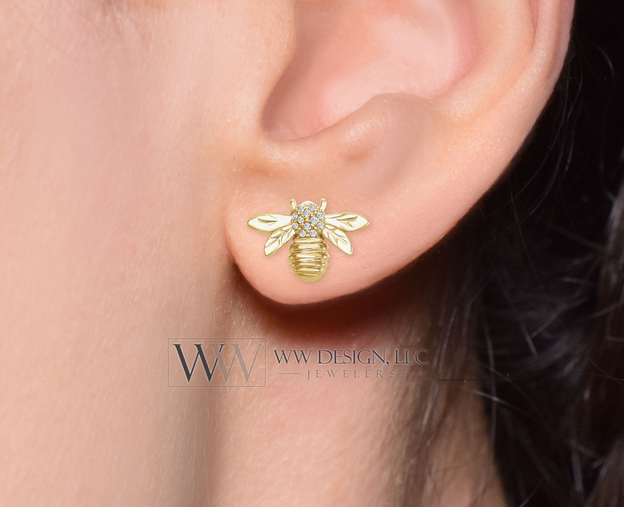 Bumble Bee Diamond 0.06 ctw Stud Earrings - 14k Solid Gold, 14k Rose Gold, 14k White Gold Christmas 12.2mm x 8.4mm Honey Bee Diamond Studs