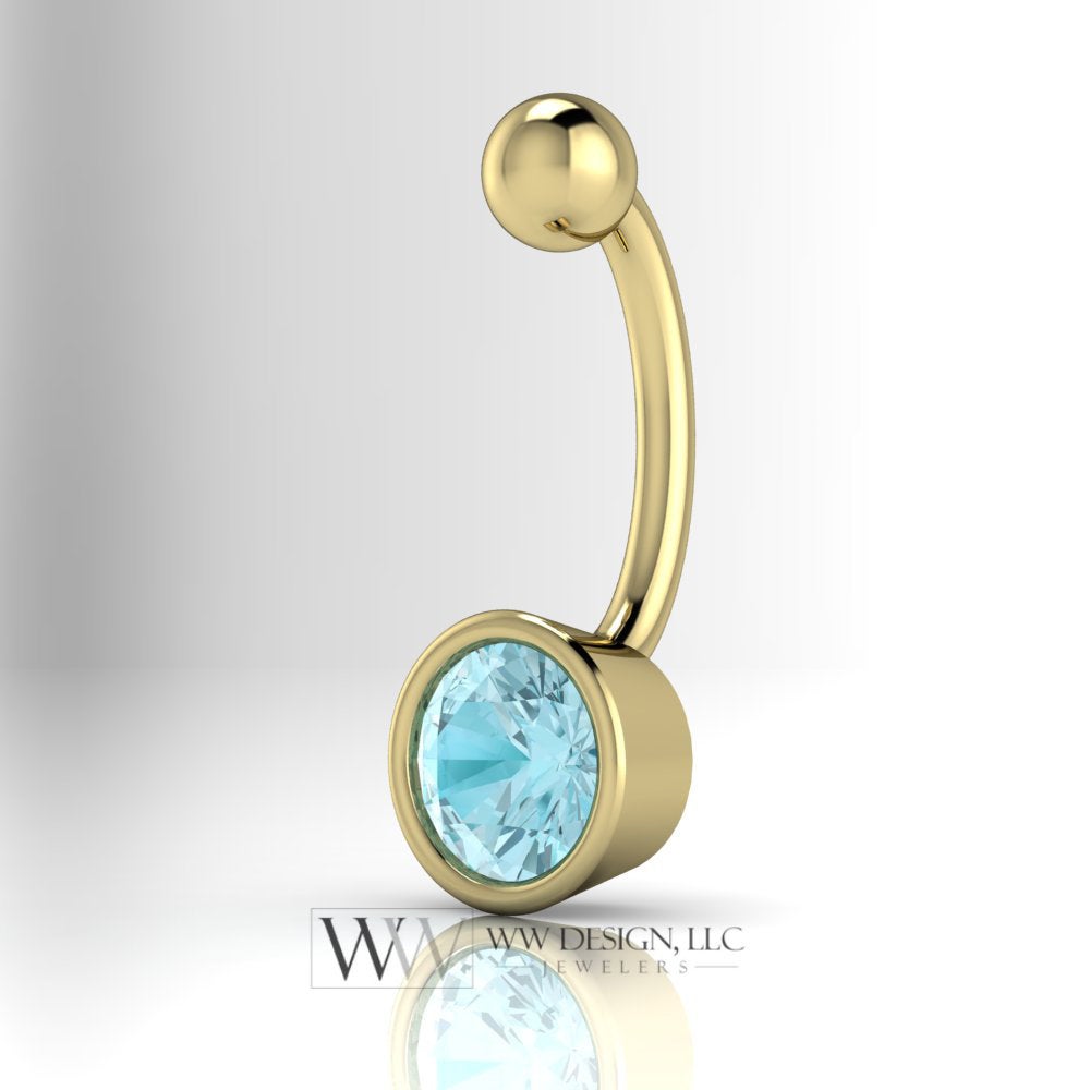 Blue Zircon Genuine 6mm Belly Navel Ring Curved Barbell 14k Yellow Gold, 14k White Gold or Platinum 14 ga 16 ga Gift December Birthstone