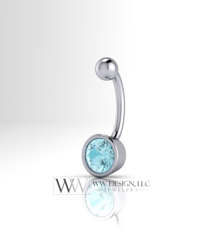 Blue Zircon Genuine 6mm Belly Navel Ring Curved Barbell 14k Yellow Gold, 14k White Gold or Platinum 14 ga 16 ga Gift December Birthstone