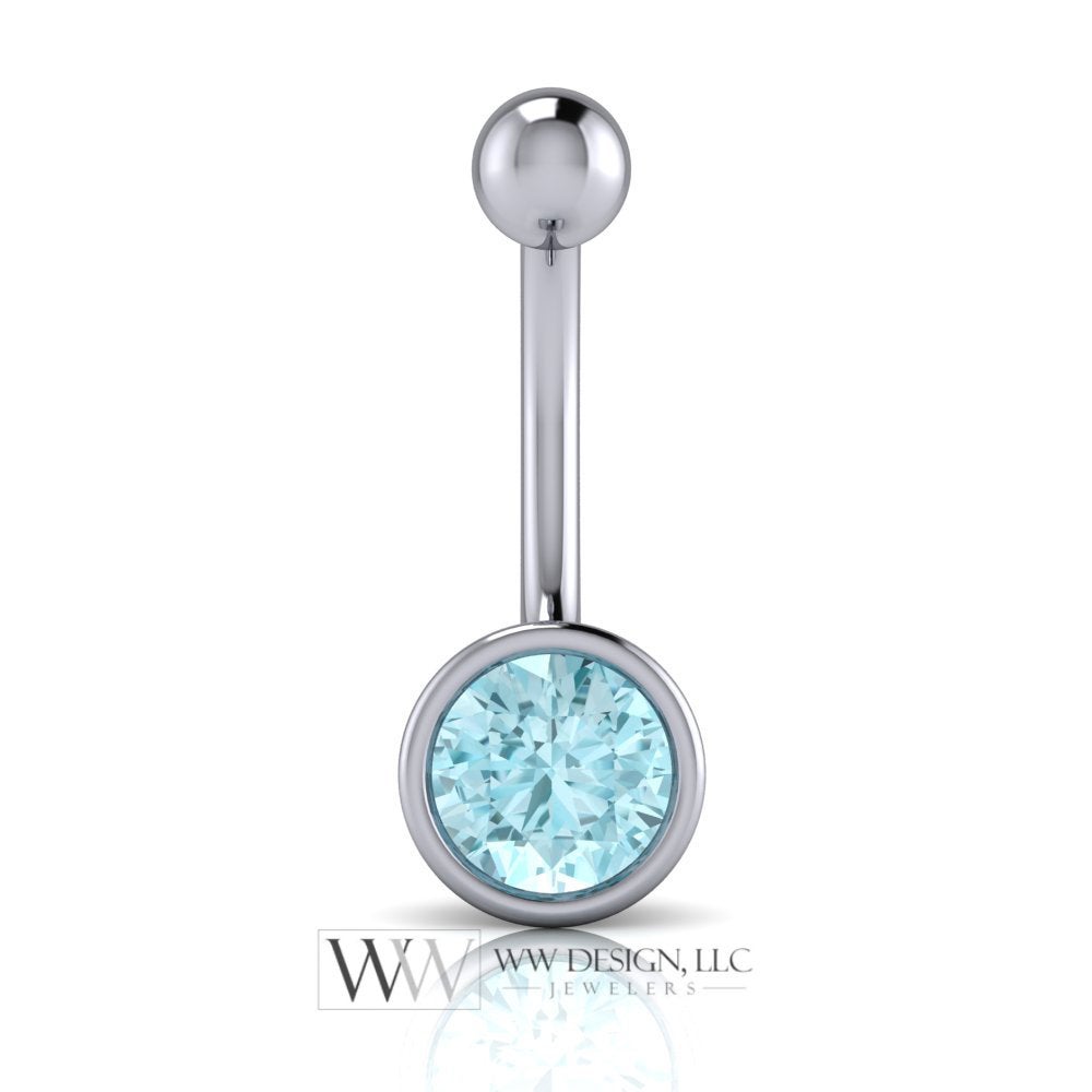 Blue Zircon Genuine 6mm Belly Navel Ring Curved Barbell 14k Yellow Gold, 14k White Gold or Platinum 14 ga 16 ga Gift December Birthstone
