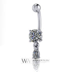 Moissanite Genuine 6mm Belly Navel Ring with 5x3mm Dangle Curved Barbell 14k Yellow Gold, 14k White Gold or Platinum 14 ga 16 ga Gift