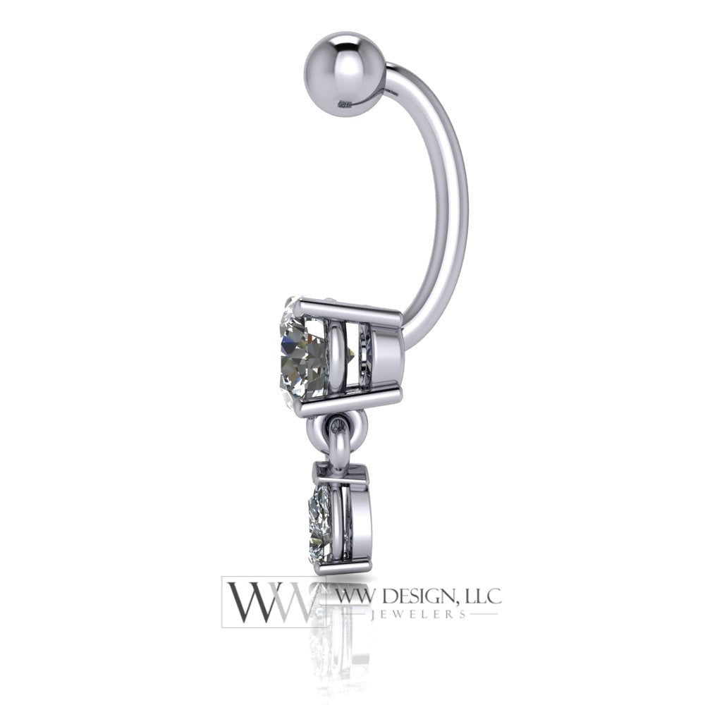 Moissanite Genuine 6mm Belly Navel Ring with 5x3mm Dangle Curved Barbell 14k Yellow Gold, 14k White Gold or Platinum 14 ga 16 ga Gift