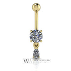 Moissanite Genuine 6mm Belly Navel Ring with 5x3mm Dangle Curved Barbell 14k Yellow Gold, 14k White Gold or Platinum 14 ga 16 ga Gift
