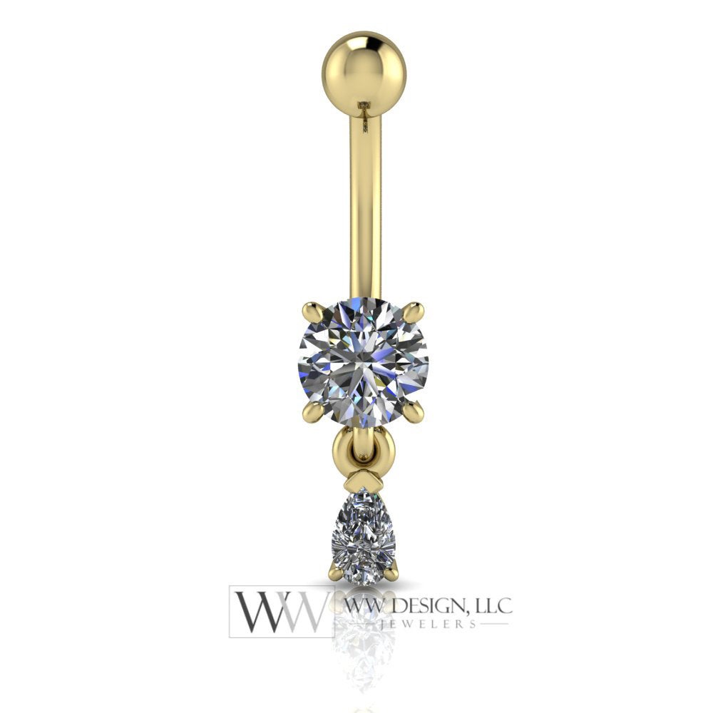Moissanite Genuine 6mm Belly Navel Ring with 5x3mm Dangle Curved Barbell 14k Yellow Gold, 14k White Gold or Platinum 14 ga 16 ga Gift