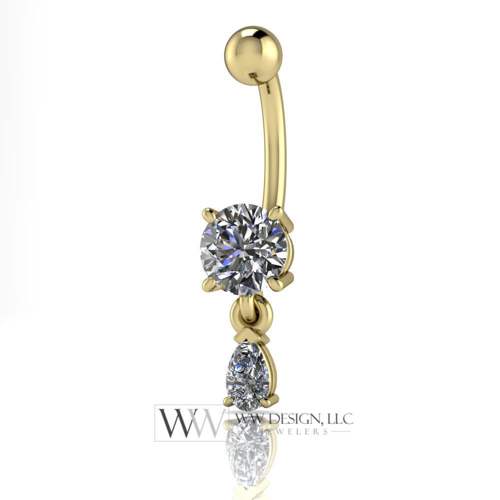Moissanite Genuine 6mm Belly Navel Ring with 5x3mm Dangle Curved Barbell 14k Yellow Gold, 14k White Gold or Platinum 14 ga 16 ga Gift