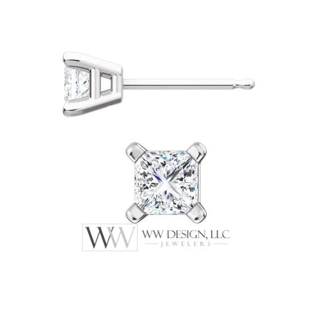 DIAMOND Earring Studs Princess Square Cut 3.5x3.5mm 0.52 ctw (each 0.26cts) Genuine F+ VS Post w 14k Solid Gold (Yellow Rose White) Platinum