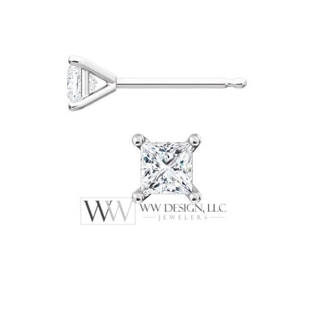 DIAMOND Earring Studs Princess Square Cut 3X3mm 0.32 ctw (each 0.16cts) Genuine F+ VS Post w 14k Solid Gold (Yellow Rose White) Platinum