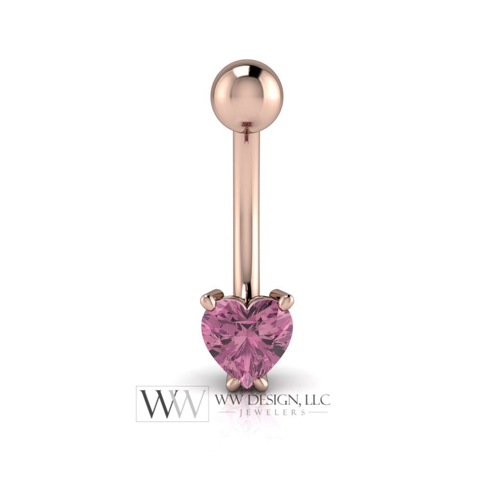 Pink SAPPHIRE Genuine Heart 5x5mm 0.65 ct Belly Navel Ring Curved Barbell 14k Gold (Yellow, White, Rose) 14 ga SEPTEMBER Birthstone Gift
