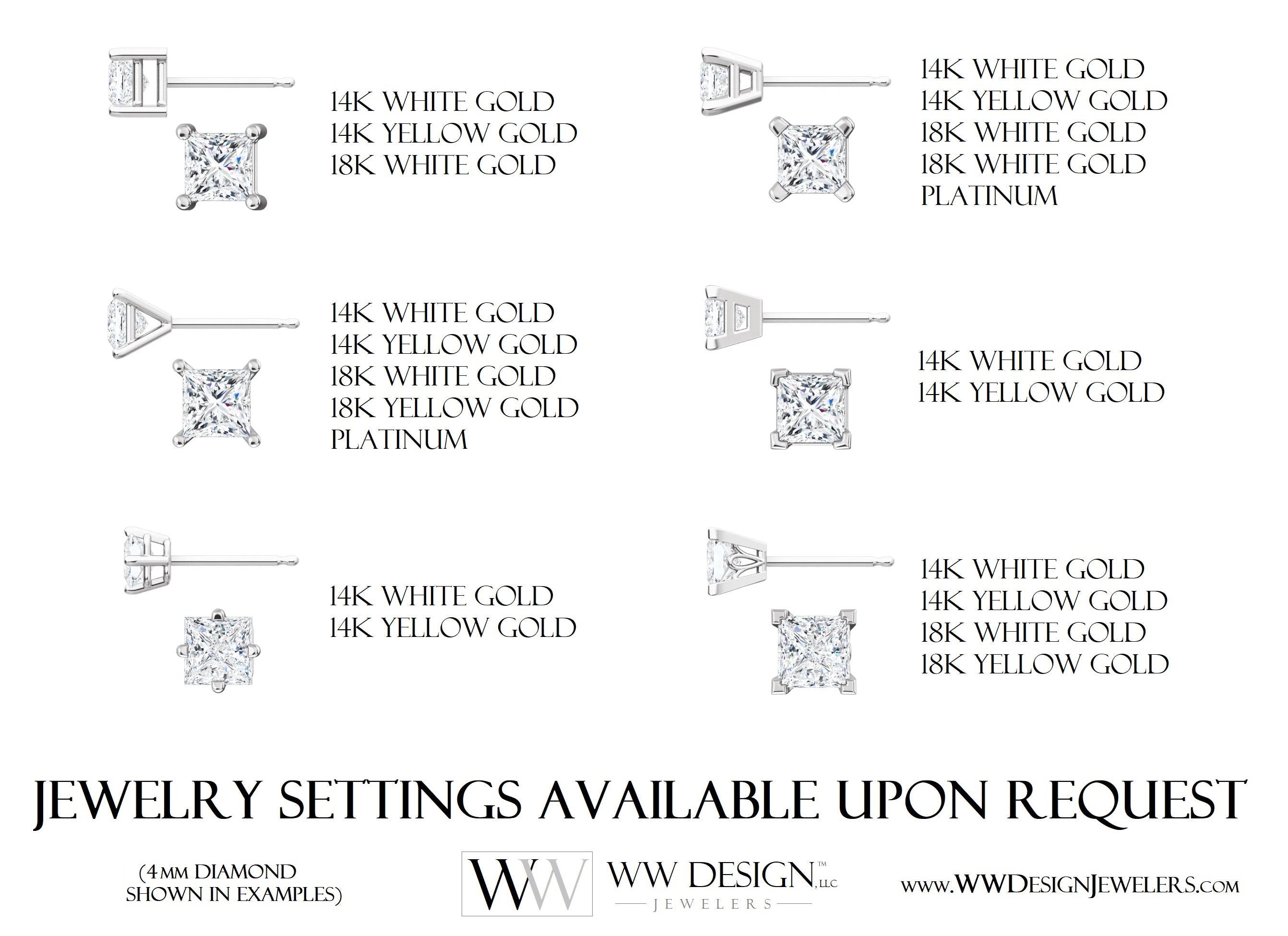 DIAMOND Earring Studs Princess Square Cut 4x4mm 0.78 ctw (each 0.39cts) Genuine F+ VS Post w 14k Solid Gold (Yellow Rose White) Platinum