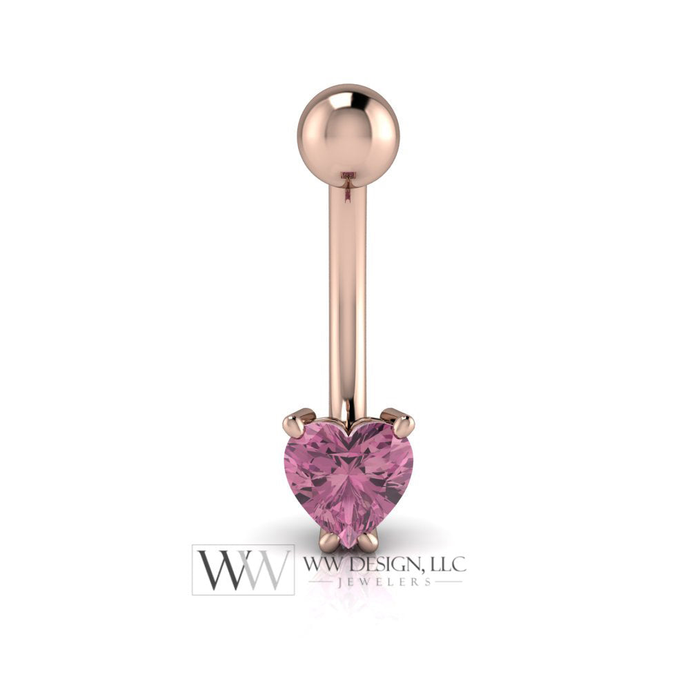 Pink Tourmaline Genuine Heart 5x5mm 0.48 ct Belly Navel Ring Curved Barbell 14k Gold (Yellow, White, Rose) 14 ga October Birthstone Gift