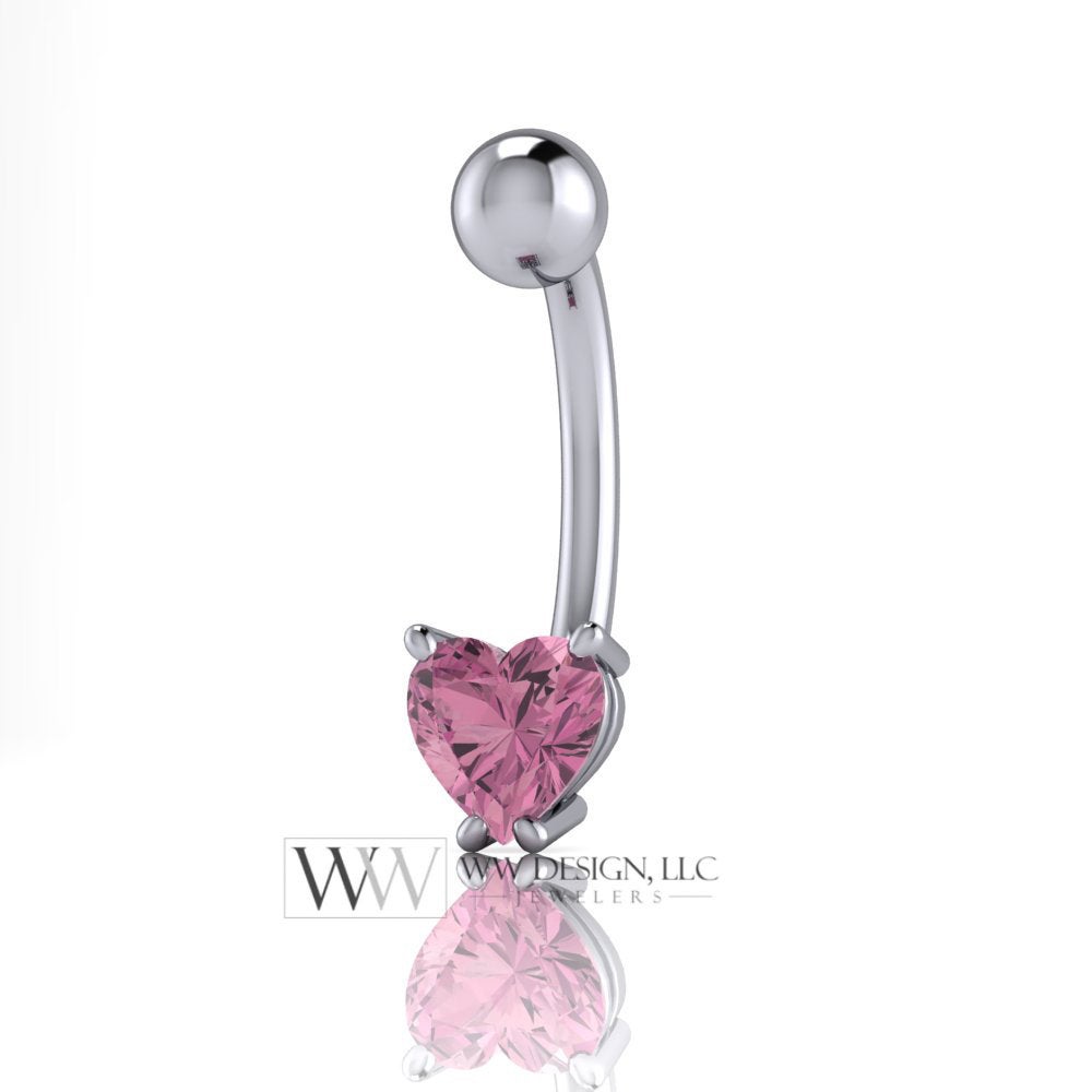 Pink SAPPHIRE Genuine Heart 5x5mm 0.65 ct Belly Navel Ring Curved Barbell 14k Gold (Yellow, White, Rose) 14 ga SEPTEMBER Birthstone Gift
