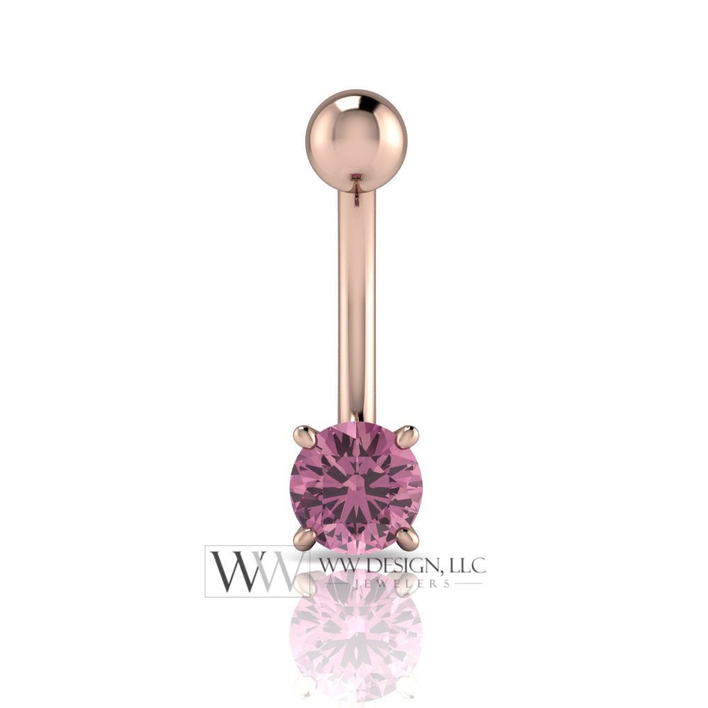 Pink SAPPHIRE Genuine Round 5mm 0.6 ct Belly Navel Ring Curved Barbell 14k Gold (Yellow, White, Rose) 14 ga SEPTEMBER Birthstone Gift