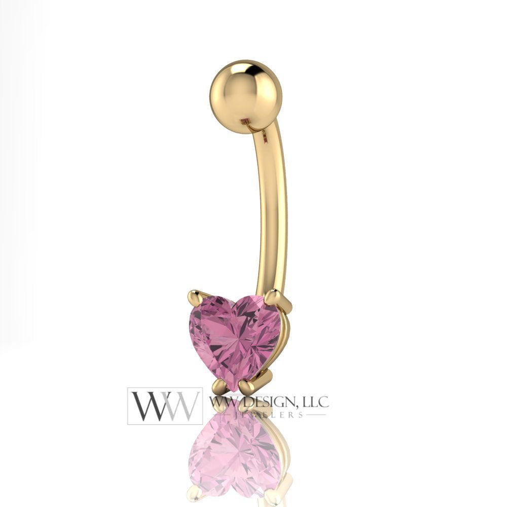 Pink Tourmaline Genuine Heart 5x5mm 0.48 ct Belly Navel Ring Curved Barbell 14k Gold (Yellow, White, Rose) 14 ga October Birthstone Gift