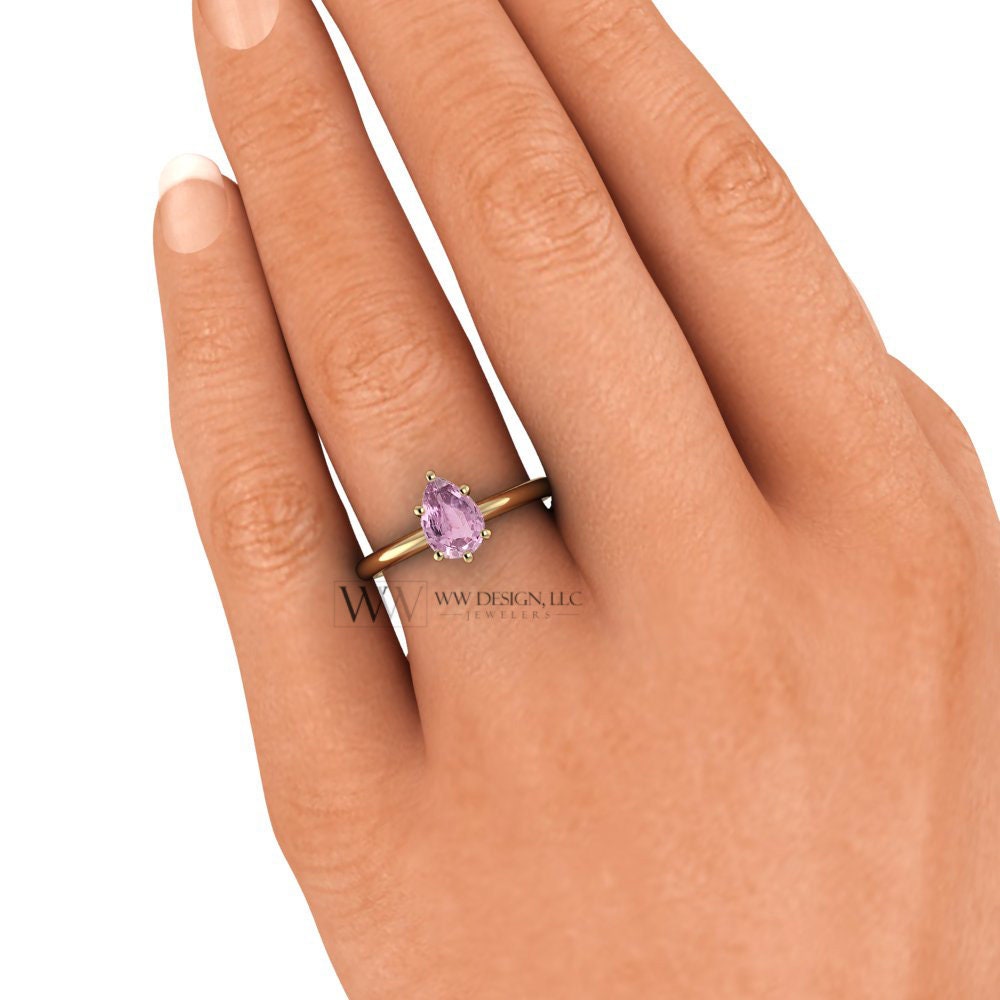 Pink Sapphire Genuine Pear Ring 0.85Ct - 14K 18K Gold (Y R W) & Platinum Rings