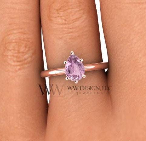 Pink Sapphire Genuine Pear Ring 0.85Ct - 14K 18K Gold (Y R W) & Platinum Rings