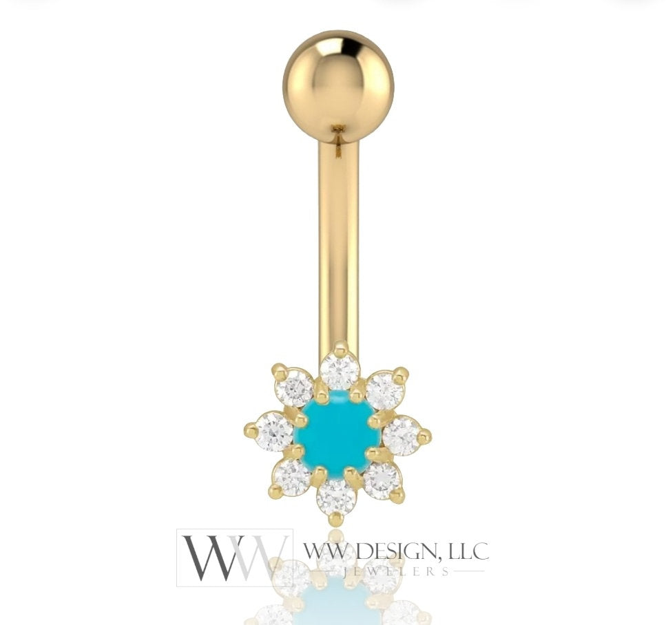 Diamond & Turquoise Flower Belly Ring CURVED Barbell Genuine 0.07ctw Navel Ring Barbell 14k White SOLID Gold 14ga 16ga 18ga Eyebrow jewelry